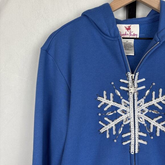 Quacker Factory Snowflake Embellished Sweatshirt Women's Medium Blue Full Zip - Picture 2 of 12